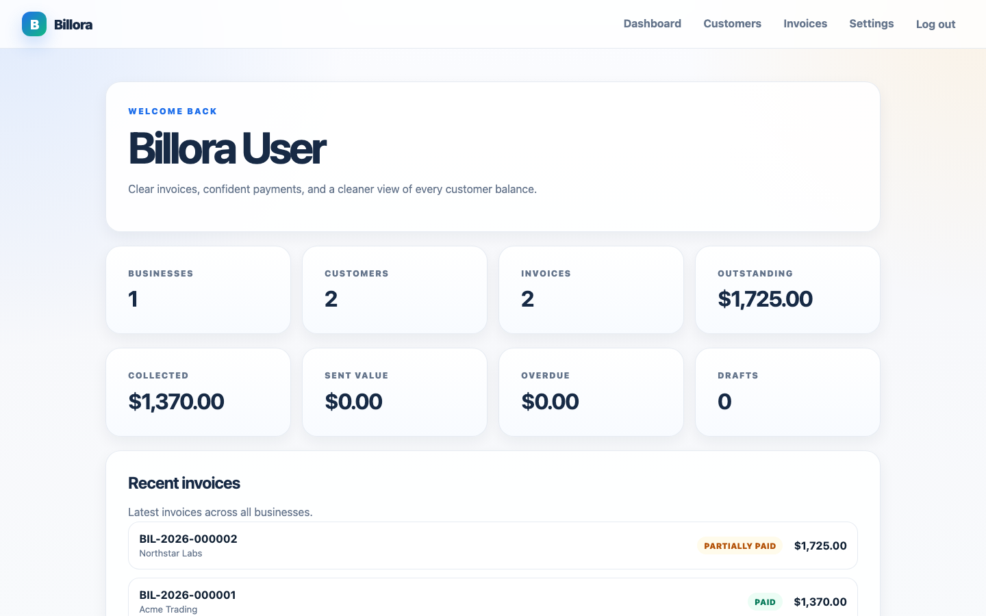Desktop Billora SaaS invoicing dashboard with billing metrics and workflow state