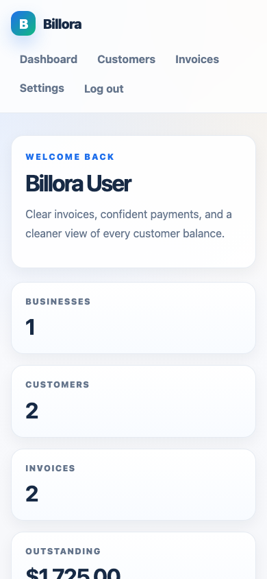 Mobile Billora dashboard screen