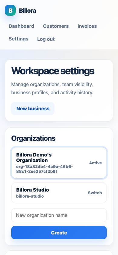 Mobile Billora settings screen