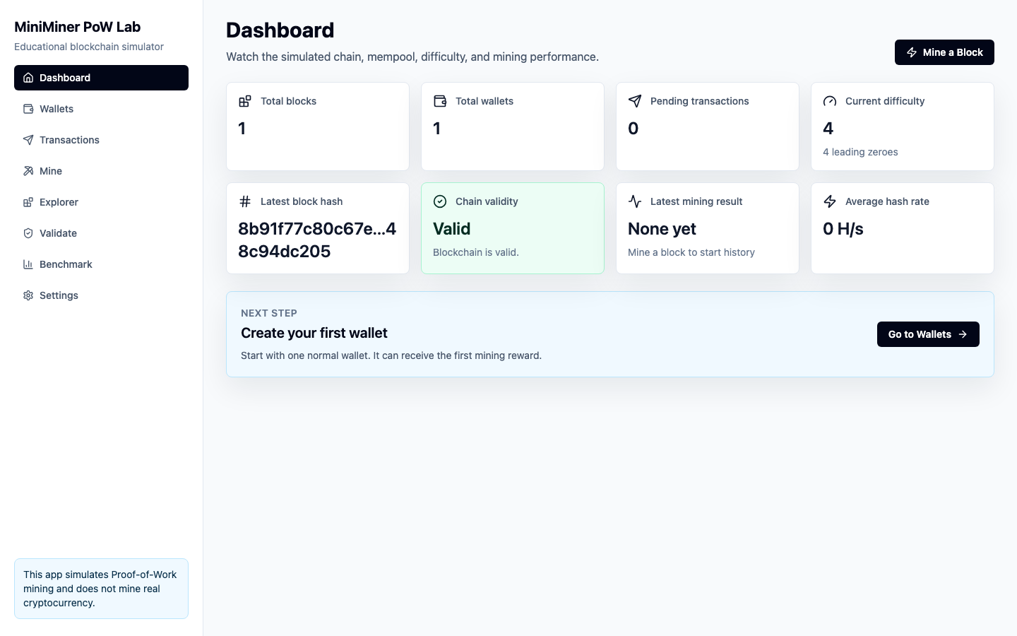 Desktop MiniMiner Proof-of-Work dashboard with blockchain status cards and mining action
