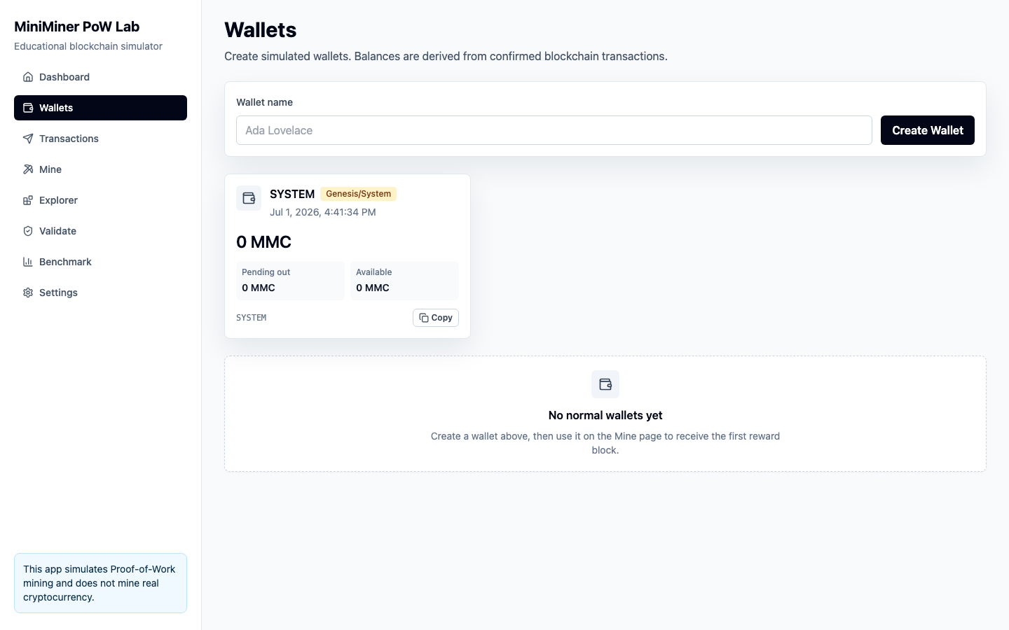 Desktop MiniMiner wallet screen with wallet creation and balance state