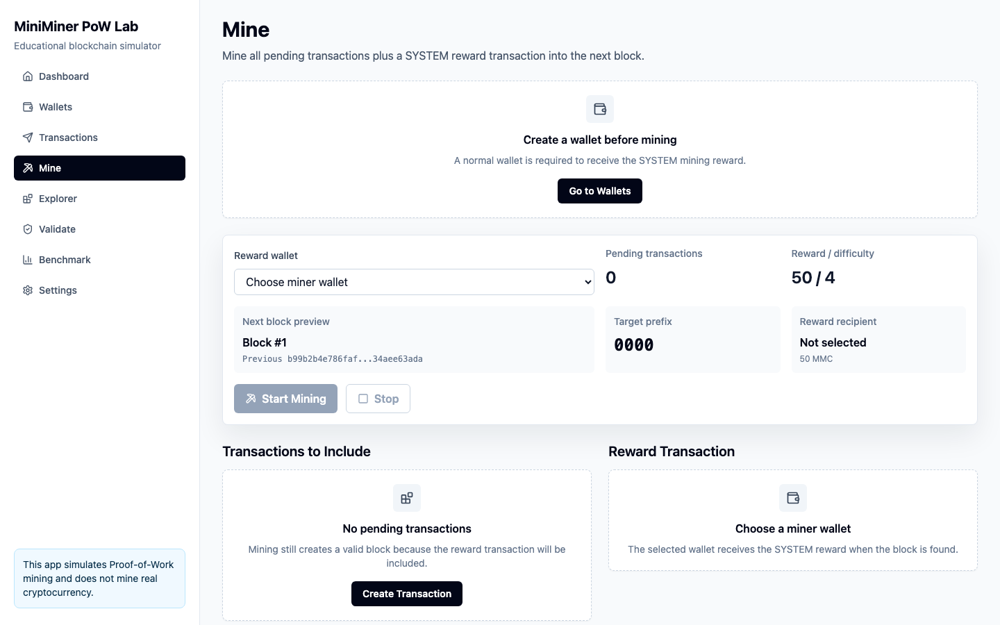 Desktop MiniMiner mining workflow with reward wallet and difficulty details