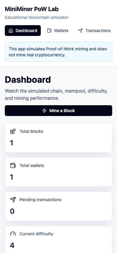 Mobile MiniMiner Proof-of-Work dashboard with chain status cards