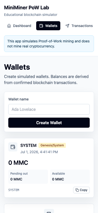 Mobile MiniMiner wallet screen with wallet creation and balance state