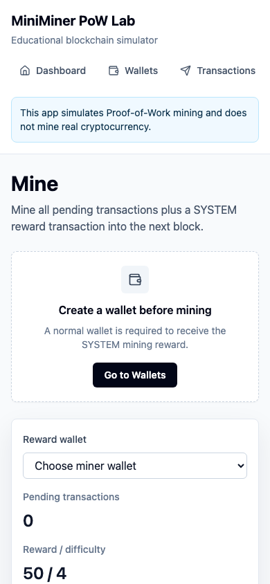 Mobile MiniMiner mining workflow with reward wallet and difficulty details