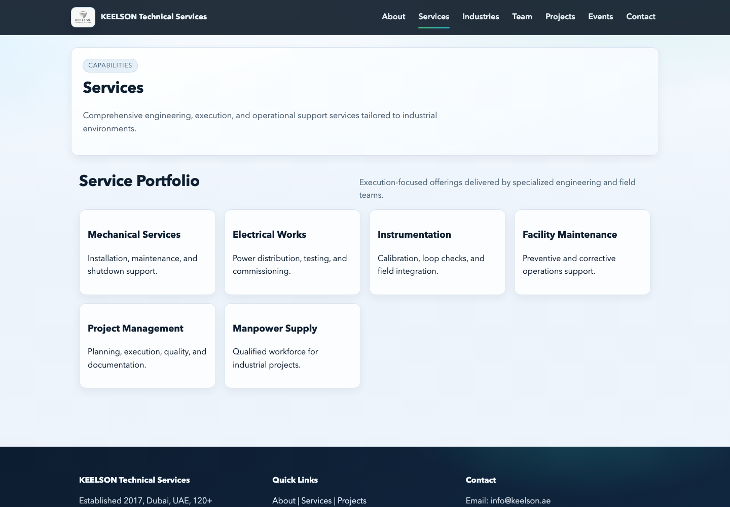 Desktop screenshot of a CMS-powered services page with structured service cards