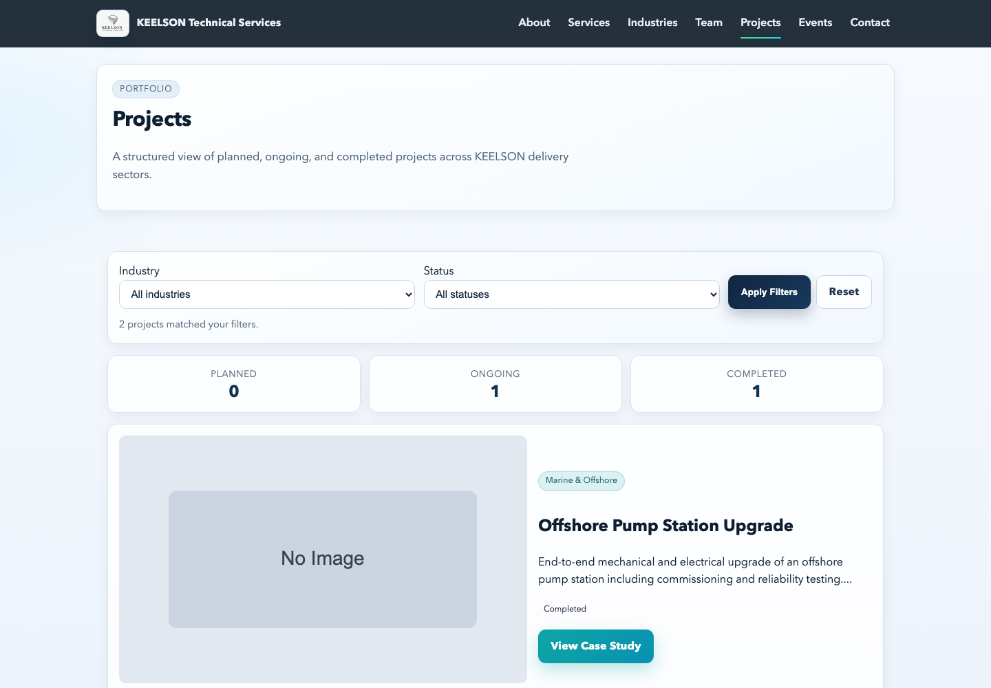 Desktop screenshot of a CMS-powered project listing page with filters and project status cards