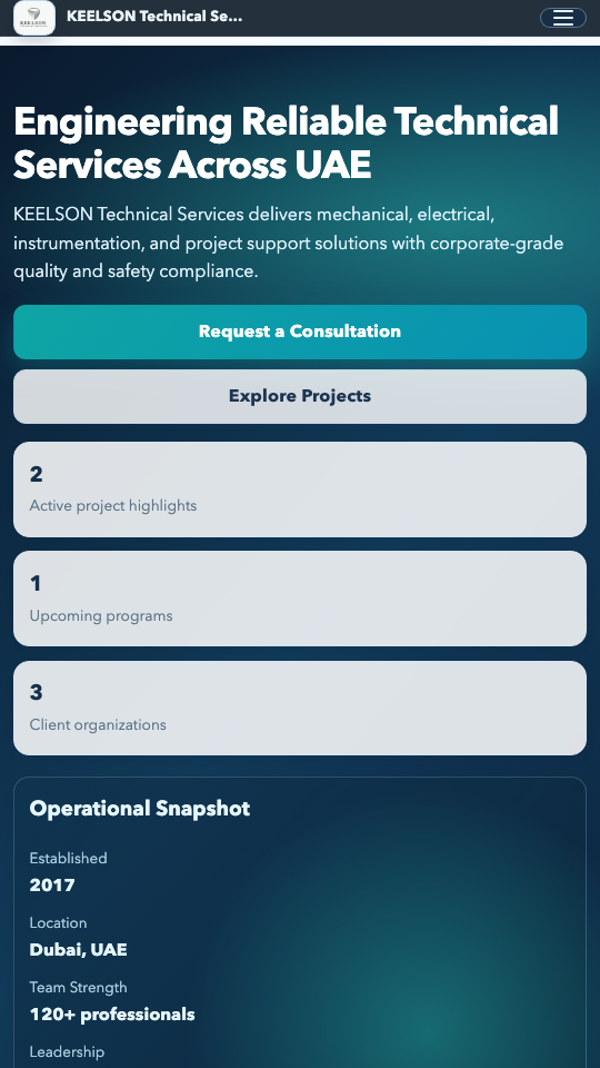 Mobile screenshot of a CMS-powered technical services website hero and content sections