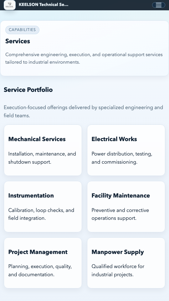 Mobile screenshot of a CMS-powered services page with service cards
