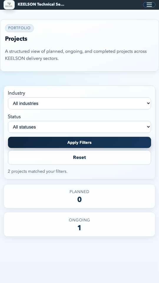 Mobile screenshot of a CMS-powered project listing page with filters and project status summaries