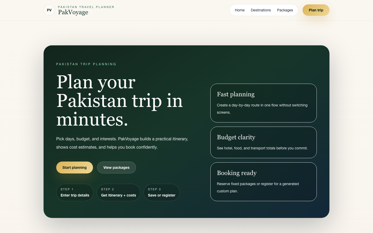 Desktop PakVoyage travel planning home screen with destinations and trip-planning actions