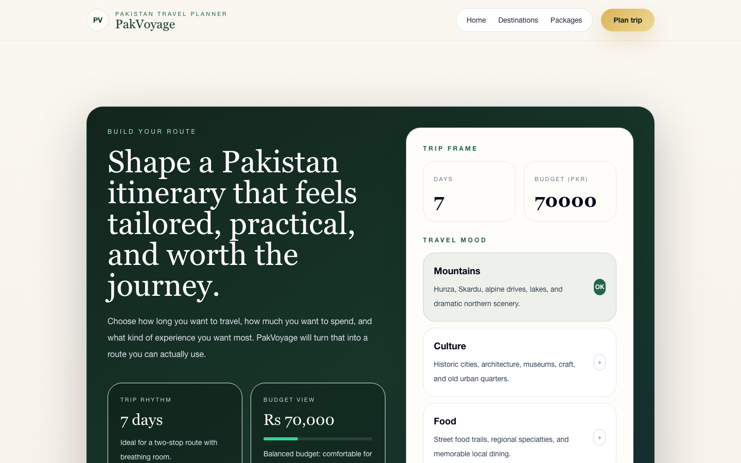 Desktop PakVoyage itinerary planner screen with trip inputs and generated planning workflow
