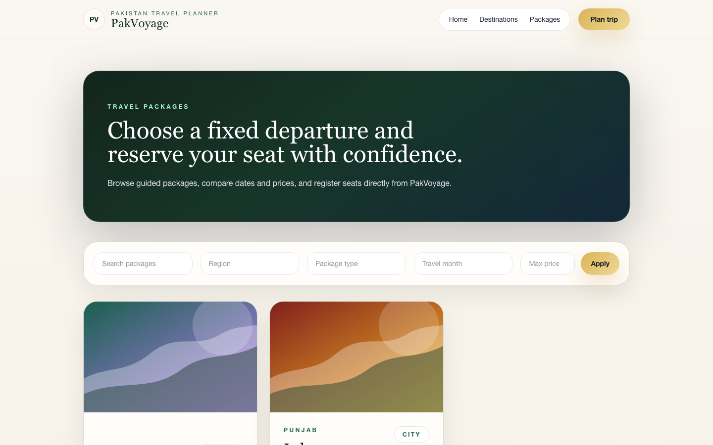 Desktop PakVoyage packages screen with curated travel packages and booking information