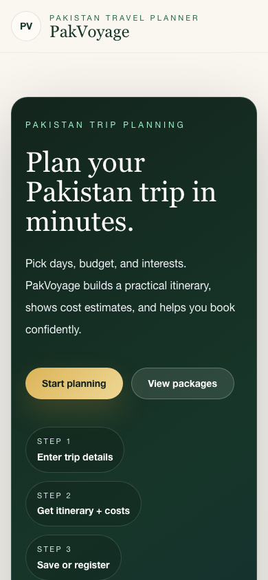 Mobile PakVoyage travel planning home screen