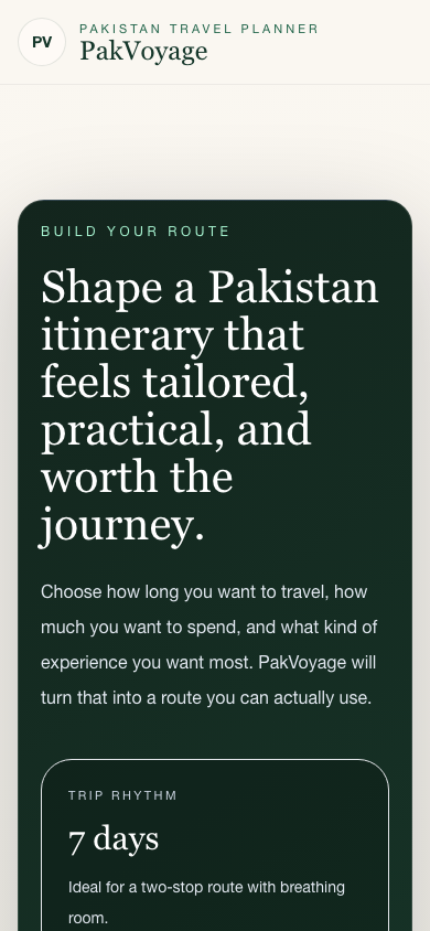 Mobile PakVoyage itinerary planner screen