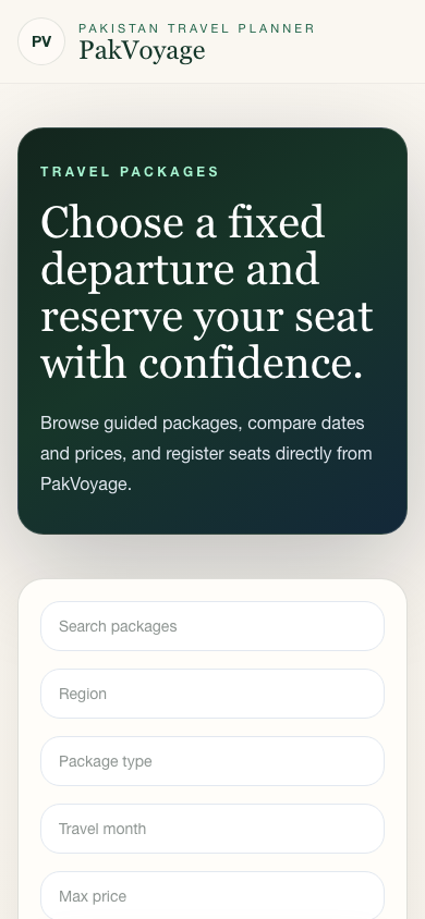 Mobile PakVoyage packages screen